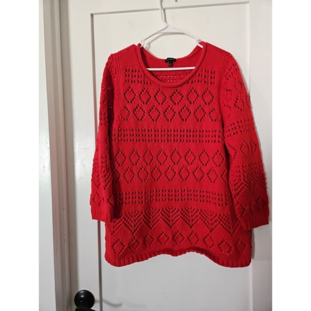 Talbots Red Pointelle Knit Sweater Womens Plus Size XL 3/4 Sleeve Open Work‎